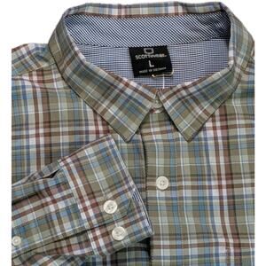 SCOTTeVEST Shirt Mens Large Green Plaid Travel Hidden Zip Multi Pocket Stretch